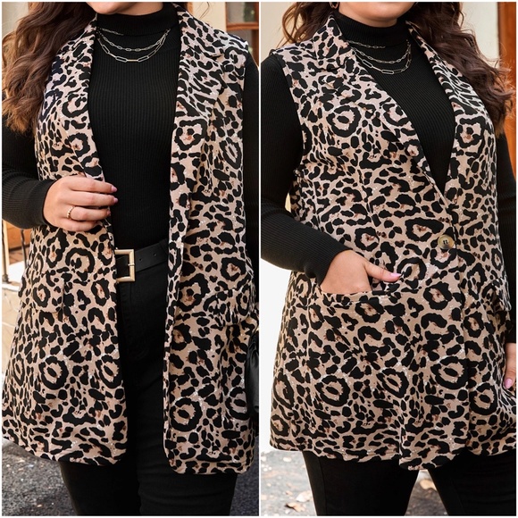 Jackets & Blazers - Plus Leopard Print Pocket Button up Vest